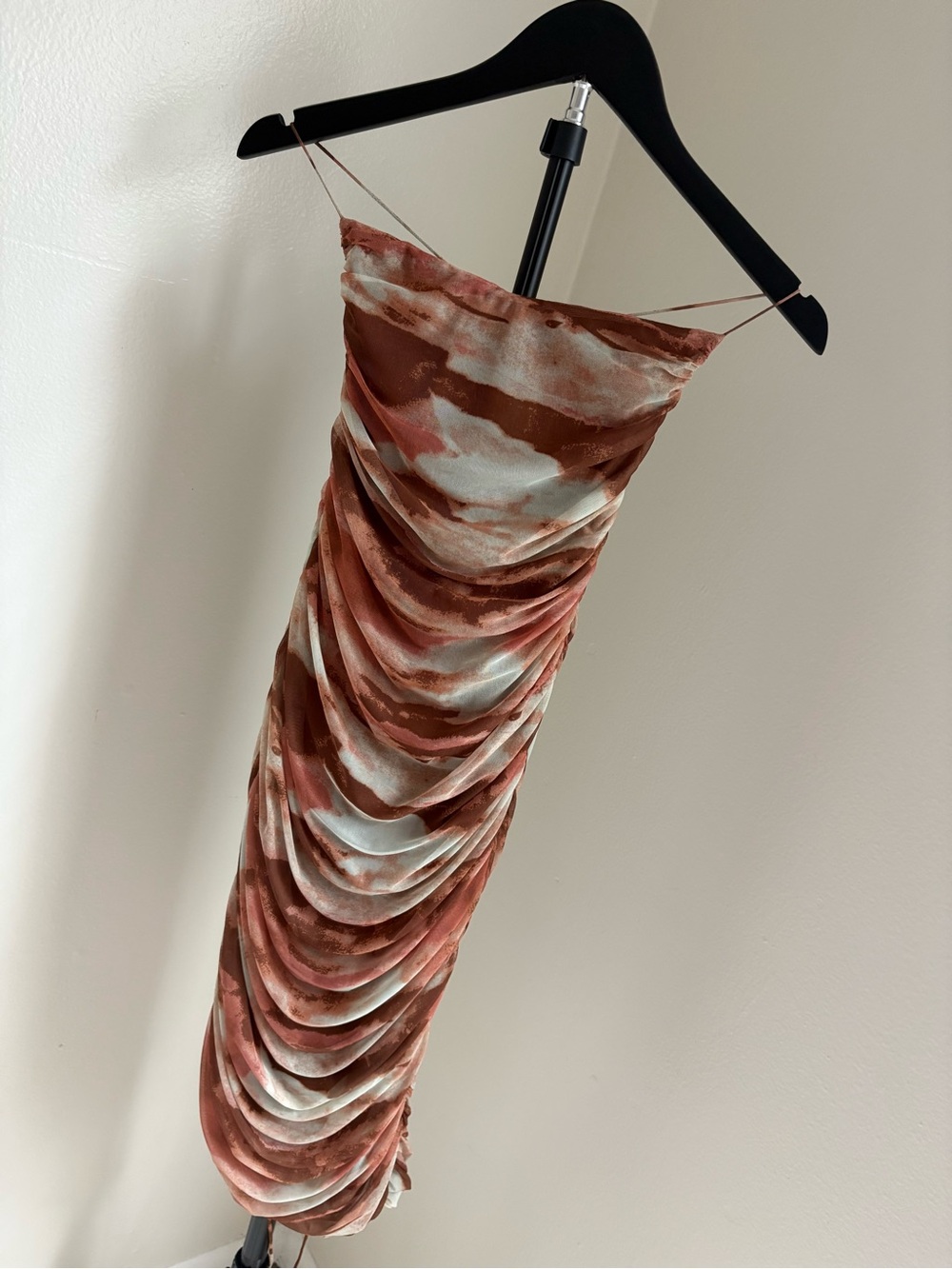 Fashion Nove Ruched Midi Dress in Rust and Cream